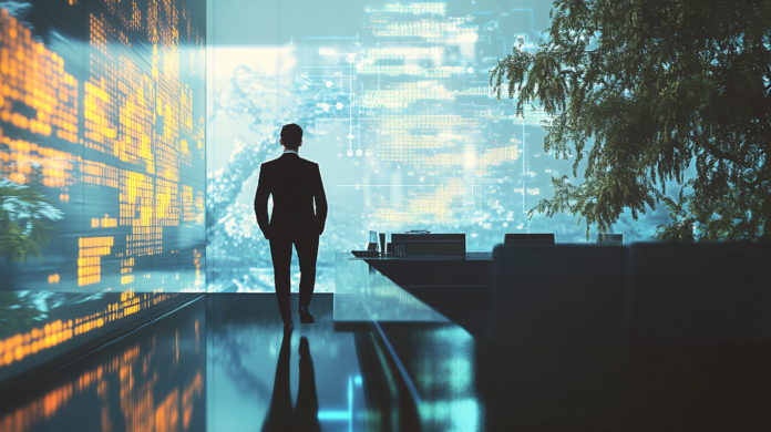 Ambiente corporativo moderno com um CIO em uma sala de reuniões futurista analisando hologramas de dados financeiros e modelos de IA, simbolizando a gestão sustentável da Inteligência Artificial Generativa.