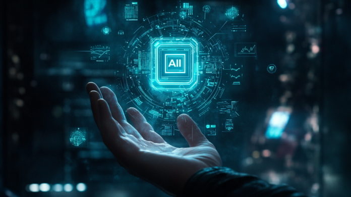 Imagem de uma mão estendida segurando um holograma futurista em tons azul neon, com um chip central marcado como 'AI' representando Inteligência Artificial. O chip está conectado a ícones que simbolizam tecnologia, segurança e conectividade, em um fundo escuro que destaca os elementos digitais.
