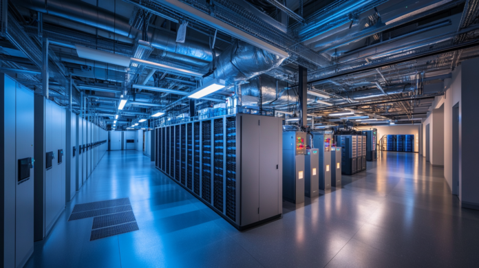 Imagem de um data center corporativo moderno com servidores iluminados e sistemas de resfriamento avançados, destacando a eficiência e evolução da infraestrutura de TI.