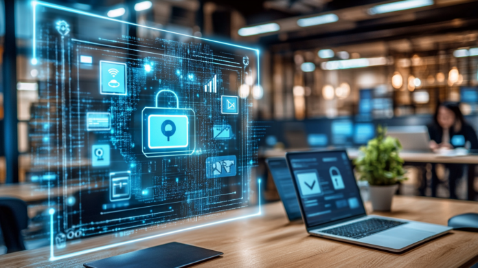 Ambiente de escritório moderno com funcionários utilizando dispositivos pessoais, como notebooks e smartphones, conectados de forma segura a sistemas corporativos, com uma tela ao fundo exibindo indicadores de segurança.