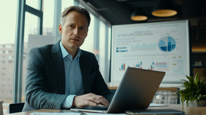 Executivo de TI em um ambiente corporativo moderno, analisando dados de Machine Learning na Liderança de TI em um laptop, com gráficos e insights estratégicos exibidos na tela, representando a aplicação da inteligência artificial na tomada de decisões empresariais.