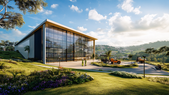 Imagem realista de um parque de data centers em construção em Leopoldina, Minas Gerais, mostrando uma instalação moderna parcialmente construída, com colinas verdes ao fundo, trabalhadores e um céu azul claro.
