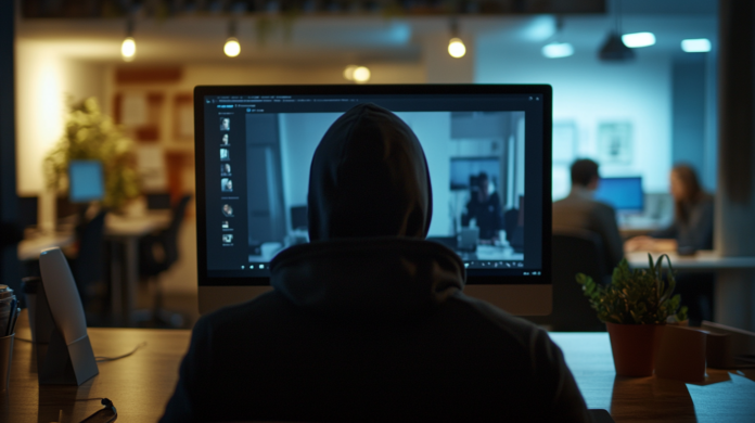 Imagem realista de um escritório moderno sendo alvo de um ataque cibernético por gangues de ransomware. Um computador exibe uma chamada no Microsoft Teams com um hacker disfarçado de agente de suporte de TI, usando um moletom com capuz escuro. Ao fundo, funcionários trabalham em suas mesas em um ambiente iluminado e profissional, representando a vulnerabilidade digital em um contexto corporativo