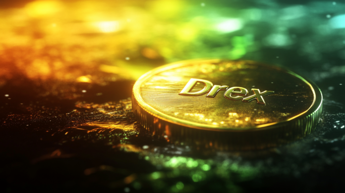 Representação realista da moeda digital Drex, destacada em um fundo com tons de verde e amarelo, simbolizando o Brasil, com detalhes que refletem a modernização e segurança do sistema financeiro.