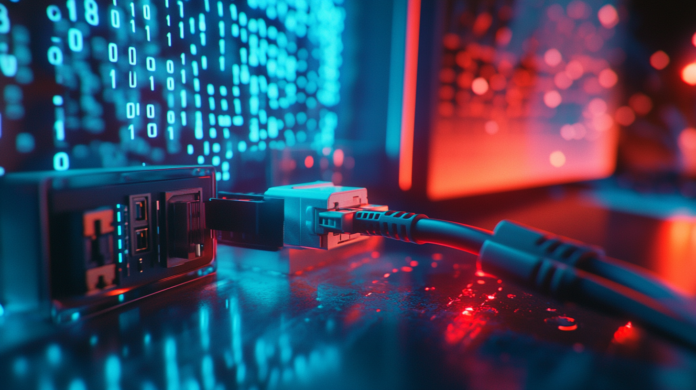 Representação realista de cibersegurança destacando o Murdoc Botnet, com um cabo de rede conectado a uma câmera AVTECH e a um roteador Huawei, acompanhado de código binário e uma grade digital ao fundo, simbolizando a segurança IoT.