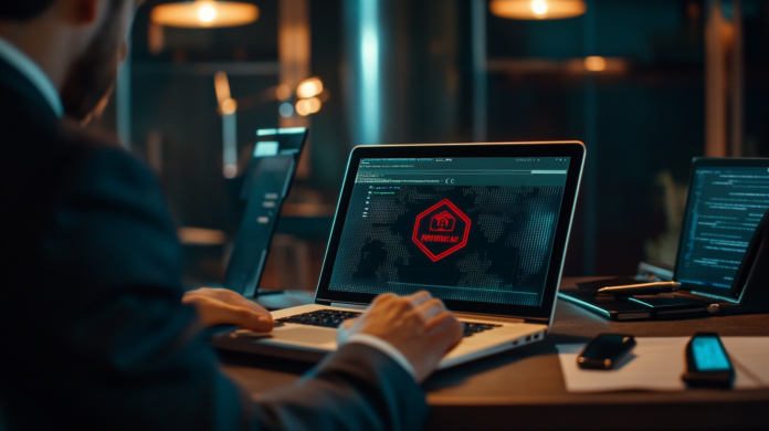 Fotografia hiper-realista de um especialista em segurança cibernética em uma sala de controle moderna, monitorando múltiplas telas com alertas de ataques de phishing, vishing e smishing, destacando proteção corporativa contra ataques cibernéticos.