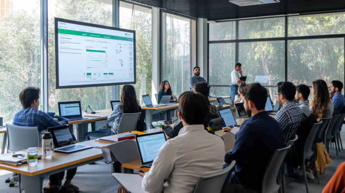 Grupo de jovens profissionais participando de um workshop sobre Inteligência Artificial aplicada a dados em um ambiente de escritório moderno, com laptops e uma tela grande exibindo dashboards. A cena reflete colaboração, aprendizado e inovação.