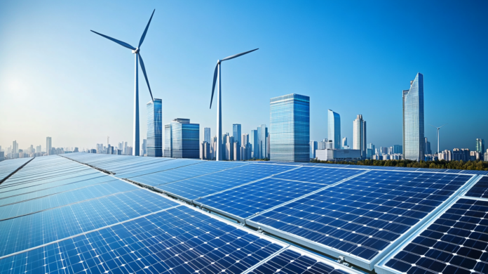 Fotografia realista de um data center moderno cercado por fontes de energia renovável, como painéis solares e turbinas eólicas, sob um céu azul claro. A imagem representa o impacto ambiental da IA generativa e soluções sustentáveis.