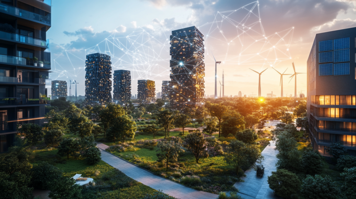Imagem realista e natural de um ambiente urbano sustentável ao pôr do sol, com prédios modernos equipados com painéis solares, turbinas eólicas ao fundo e fluxos de dados brilhantes representando a inteligência artificial no consumo de energia. O cenário inclui áreas verdes e um céu limpo, simbolizando harmonia entre tecnologia e natureza