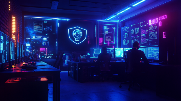 Funcionários de uma pequena empresa trabalhando em computadores, enquanto um hacker observa nas sombras. Escudo digital azul neon simboliza a proteção da segurança cibernética contra ameaças digitais.