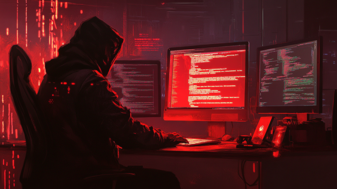Fotografia hiper-realista de um cenário de cibersegurança com uma tela de computador exibindo uma página do Blogspot com código JavaScript malicioso em vermelho. Em um escritório moderno e bem iluminado, um analista de cibersegurança monitora múltiplas telas com alertas de ameaças.