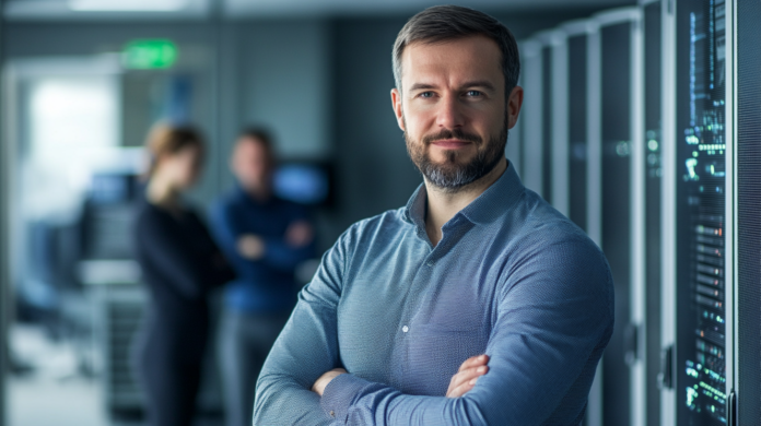 Fotografia hiper-realista de um líder de TI em um escritório moderno, com hologramas digitais representando certificações em computação em nuvem, cibersegurança, IA e gestão de projetos. O cenário conta com elementos tecnológicos futuristas, como servidores e painéis digitais, transmitindo inovação e liderança.