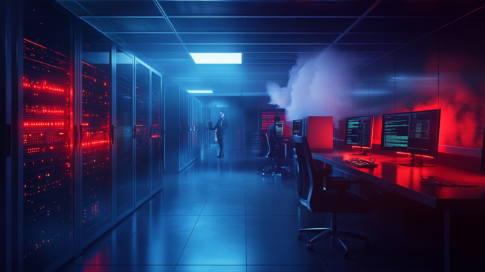 Sala de servidores corporativa em alerta com telas exibindo sinais de ataque cibernético, simbolizando vulnerabilidade em plataformas de videoconferência como OpenMeetings, com um técnico tentando proteger o sistema.