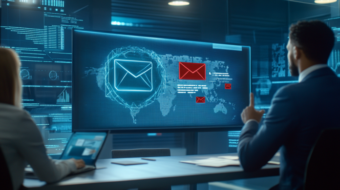 Imagem hiper-realista de uma sessão de treinamento corporativo contra ataques de phishing, com colaboradores atentos a uma simulação de e-mail com alertas destacados e instrutor explicando medidas de segurança digital.