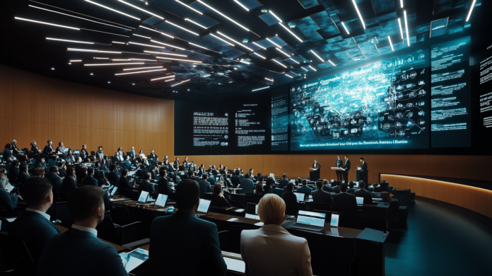 Imagem hiper-realista de uma sessão pública sobre a Agenda Nacional de Inteligência Artificial em um auditório moderno em Lisboa, com cidadãos e especialistas discutindo diretrizes tecnológicas. Se precisar de mais detalhes, estou aqui para ajudar!
