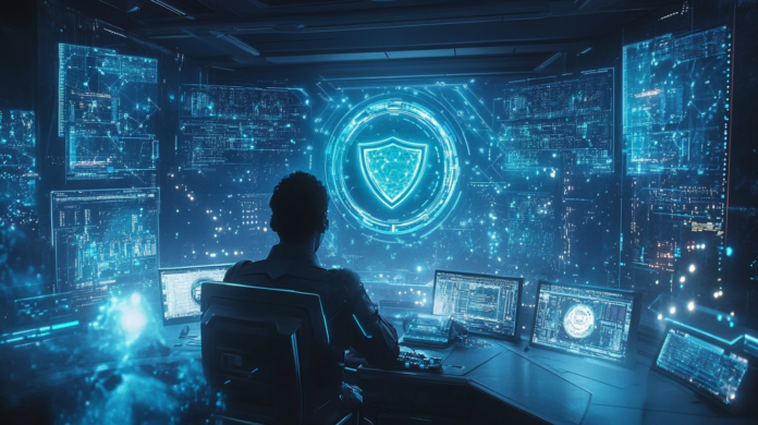 Fotografia hiper-realista de uma sala de controle de cibersegurança futurista com hologramas de nós blockchain interligados, interface digital moderna e profissional monitorando fluxos de dados em um ambiente iluminado com luzes azuis e brancas.