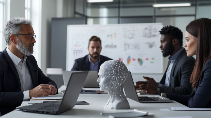 Fotografia natural de um escritório moderno com executivos discutindo desafios para implementar inteligência artificial, com laptops, gráficos em quadros brancos e interação em equipe.