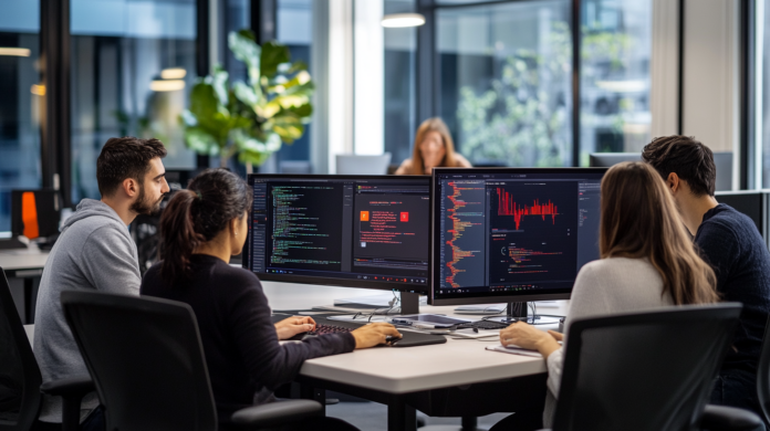 Fotografia hiper-realista representando gestão de infraestrutura de uma sala de controle de infraestrutura híbrida com telas mostrando fluxos de dados em tempo real e equipe monitorando desempenho, simbolizando operações globais e tecnologia de ponta.