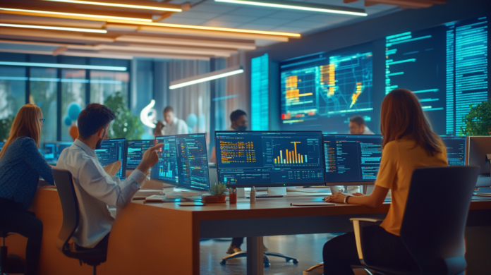 profissionais em um escritório moderno colaborando em torno de uma interface avançada de IA com gráficos interativos, representando a adoção da IA de geração em projetos corporativos. A cena mostra hologramas e telas digitais com dados e elementos visuais futuristas.