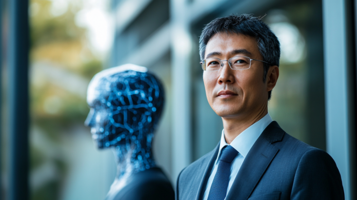Executivo de TI ao lado de um robo representando IA First e Inteligencia Artificial