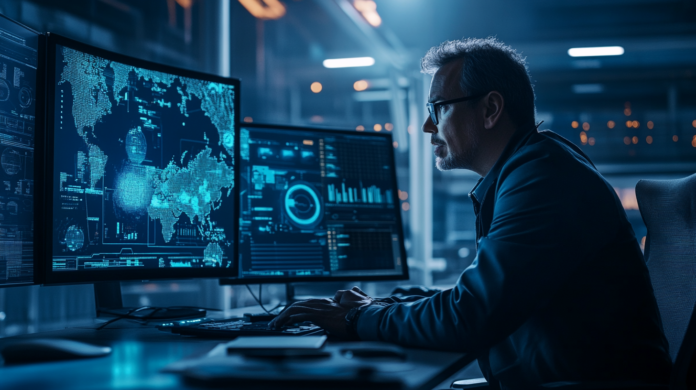 Um profissional de TI trabalhando em sua mesa com múltiplos monitores exibindo um mapa digital e dados de cibersegurança, simbolizando monitoramento avançado de rede e sistemas de segurança em um ambiente 'Zero Trust'.