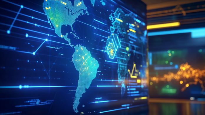 Fotografia hiper-realista representando ransomware no Brasil em um centro de comando futurista exibindo alertas de ameaças cibernéticas destacando o Brasil em um mapa global, com tecnologia avançada e interfaces digitais em um ambiente de alta tecnologia.