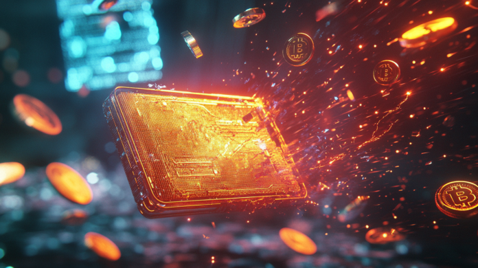 Fotografia hiper-realista de uma carteira digital sendo comprometida por tokens fraudulentos, com uma interface holográfica de IA ao fundo. A cena é iluminada por elementos de neon brilhantes que simbolizam blockchain, destacando uma atmosfera de alerta sobre ameaças cibernéticas.