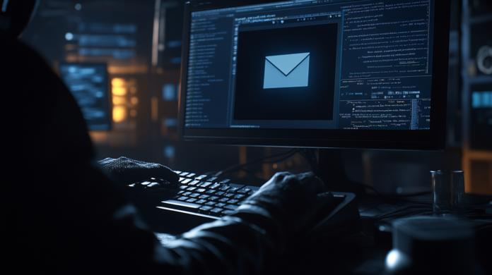 Hacker em uma sala escura, escrevendo em um computador com uma tela mostrando um e-mail do Microsoft Outlook contendo um link suspeito. No fundo, alertas de violação de segurança piscam em monitores adicionais, representando uma vulnerabilidade no Microsoft Office.