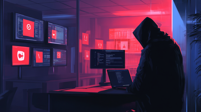 Imagem realista de um hacker em uma sala escura acessando dados corporativos sensíveis em um laptop. No fundo, monitores mostram alertas de segurança da Okta e tentativas de login suspeitas.