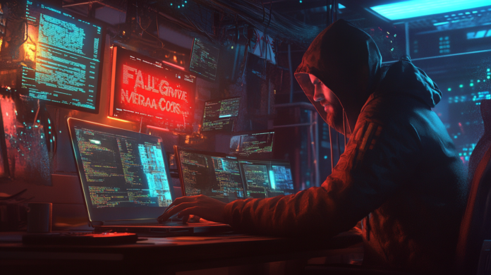 Imagem realista de um hacker encapuzado em um ambiente escuro, digitando em um laptop com várias telas exibindo códigos e um alerta vermelho com a mensagem 