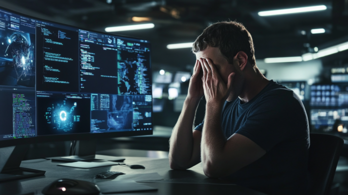 Executivo de tecnologia da meta preocupado diante de uma tela de computador analisando riscos da inteligência artificial.