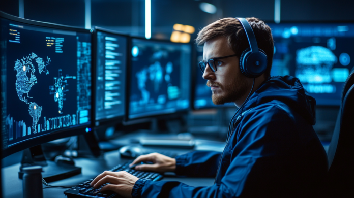 Profissional de cibersegurança altamente qualificado em um centro de operações moderno, analisando ameaças digitais em tempo real por meio de inteligência artificial, com expressão concentrada e múltiplos monitores exibindo alertas de segurança.