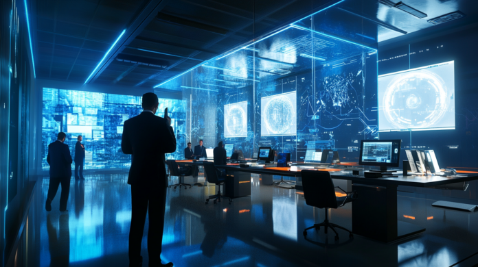 Centro de controle futurístico com profissionais analisando dados em telas holográficas avançadas, ilustrando o impacto energético de modelos de IA como o DeepSeek