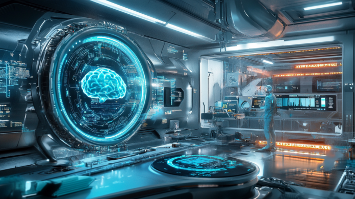 Imagem realista de um modelo de IA avançado em um laboratório tecnológico, com engenheiros analisando suas capacidades de cálculo profundo em grandes telas e interfaces digitais futurísticas.