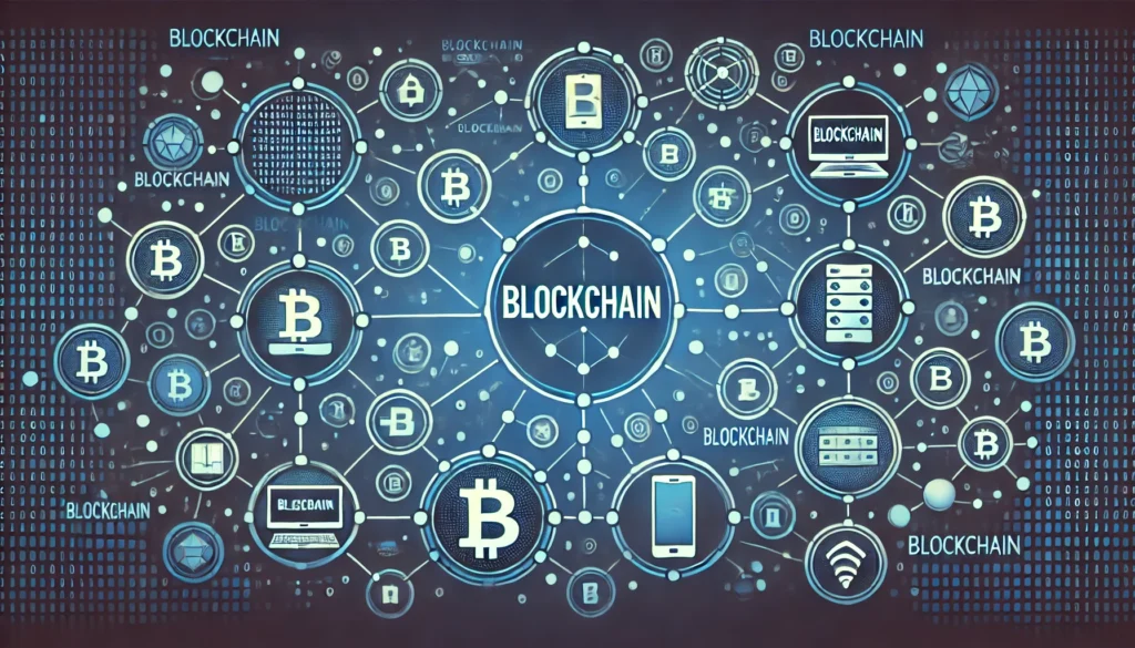 Por que pequenas e médias empresas estão adotando soluções de Blockchain? 1 DALL·E 2025 03 12 16.18.55 A digital illustration representing blockchain technology. The image features interconnected nodes each represented by circular icons with computer a