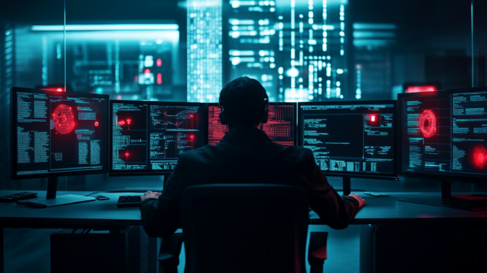 Especialista em segurança cibernética analisando falha de segurança em produtos VMware em um ambiente escuro de data center, com telas exibindo alertas vermelhos sobre vulnerabilidades críticas.