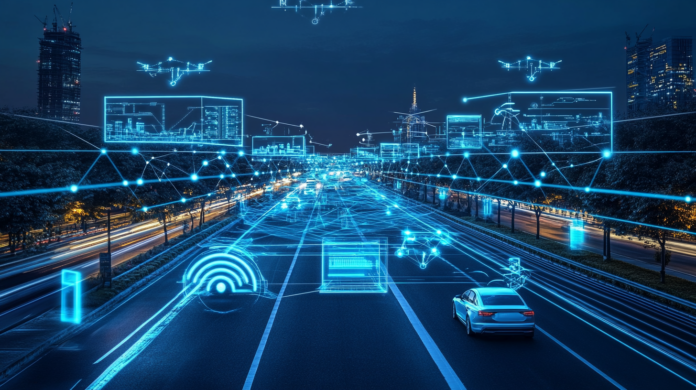 Cidade inteligente futurista com conectividade 5.5G e 6G, apresentando torres de telecomunicações avançadas emitindo feixes de luz azul, redes holográficas, veículos autônomos, drones entregando pacotes e telas digitais transparentes exibindo dados em tempo real. O céu iluminado por satélites de baixa órbita simboliza o futuro das telecomunicações e da conectividade global.