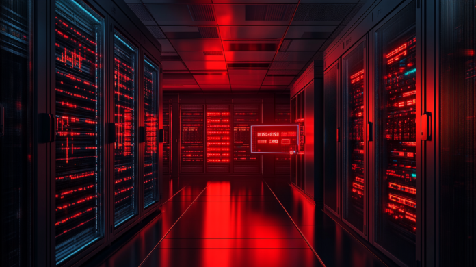 Ataques de DDos: Imagem realista de um data center sob ataque de DDoS, com servidores iluminados por luzes vermelhas de alerta e monitores exibindo tráfego intenso e mensagens de aviso de segurança cibernética.