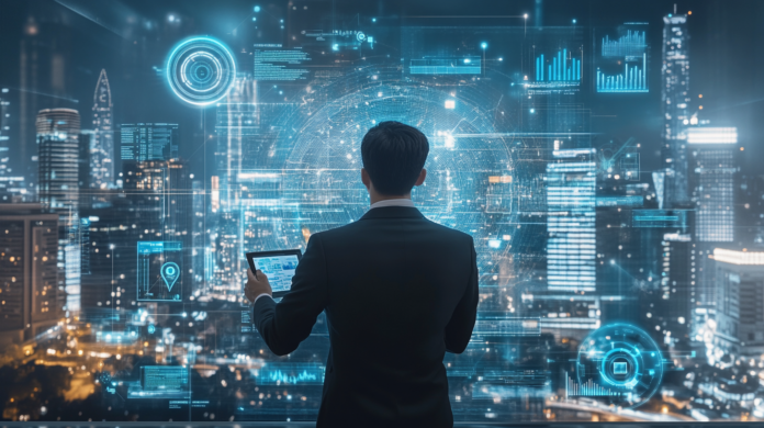 Imagem realista mostrando a expansão do mercado global de Internet das Coisas (IoT), com uma cidade futurista conectada por dispositivos inteligentes, sensores IoT e torres 5G transmitindo dados. Um empresário analisa um painel digital com gráficos avançados e inteligência artificial.