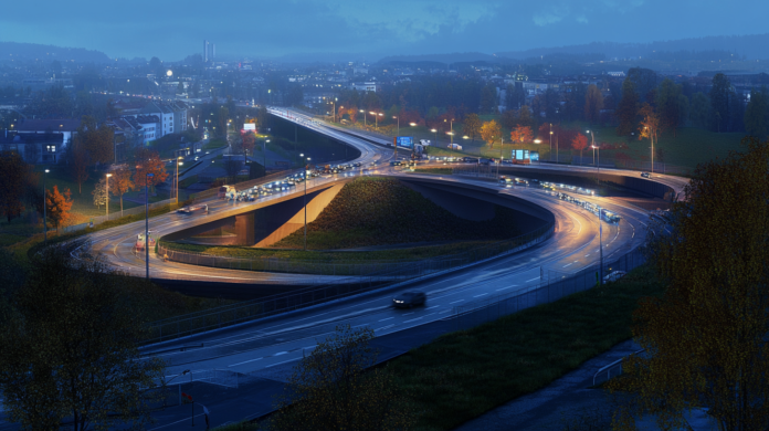 Imagem realista de uma infraestrutura urbana moderna sendo monitorada por inteligência artificial. Sensores avançados coletam dados em tempo real em pontes, estradas e edifícios, enquanto engenheiros analisam um modelo digital tridimensional para prever manutenções e garantir a segurança estrutural.