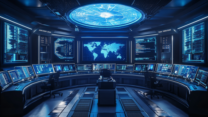 Centro de operações de cibersegurança com especialistas analisando ameaças digitais em tempo real. Telas de LED exibem dados de inteligência artificial identificando riscos e prevenindo ataques cibernéticos.