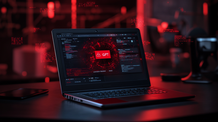 Computador infectado por malware Microsoft disfarçado de ChatGPT, exibindo um alerta de segurança na tela em um ambiente de escritório com iluminação baixa.