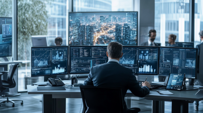 Centro de controle AIoT em escritório moderno. CISO e CIO analisam segurança cibernética em telas com dados de IoT, IA e redes. Ambiente tecnológico, seguro e eficiente.