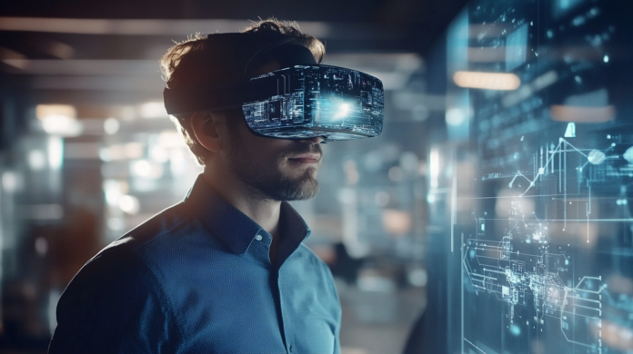 Profissional de inovação apresentando um projeto tecnológico em um ambiente corporativo moderno, com telas digitais e elementos futuristas.