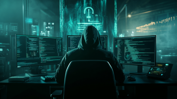 Hacker encapuzado em um ambiente escuro, digitando em frente a múltiplas telas com códigos e elementos da dark web, representando uma ameaça à segurança digital.