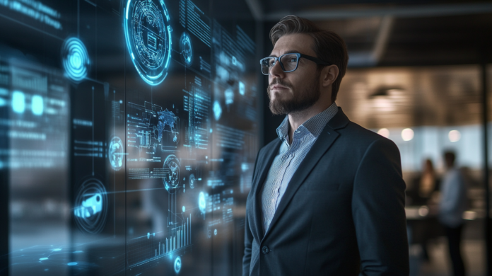 Executivo de TI em um escritório corporativo moderno, analisando informações em múltiplas telas com interfaces do ChatGPT, Google Drive e Slack. O ambiente é bem iluminado, com um design sofisticado e uma equipe ao fundo colaborando em um espaço de trabalho produtivo.