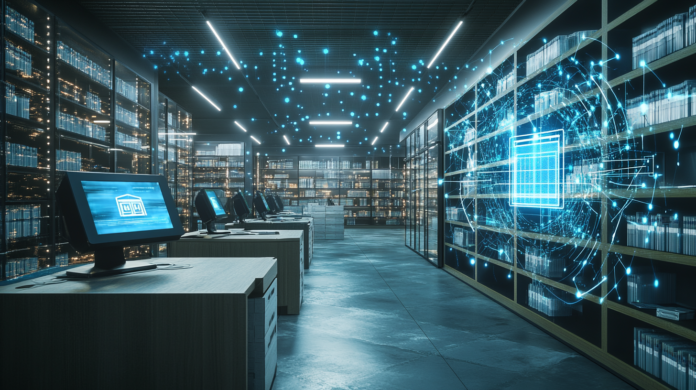 Centro de distribuição dos Correios modernizado com tecnologias de Blockchain e Inteligência Artificial, apresentando máquinas automatizadas de triagem de encomendas, telas digitais com redes blockchain e sistemas de monitoramento por IA.