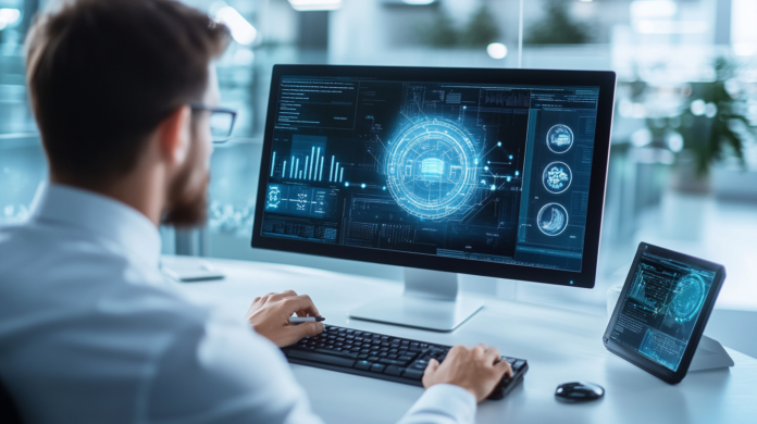 Profissional em um escritório moderno, concentrado em um computador com interface de agentes de IA, automatizando tarefas como buscas na web e análise de arquivos.