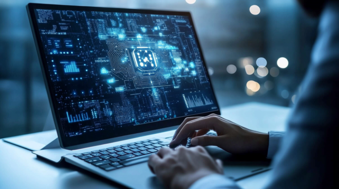 A professional using AI technology to analyze data and interact with a chatbot interface, highlighting the use of natural language processing in a modern workspace, symbolizing the integration of AI and business.