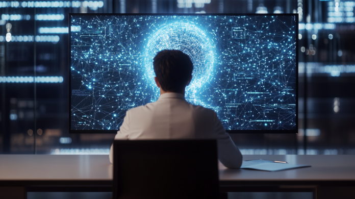 Uso excessivo de IA: Pessoa sentada em uma mesa moderna, de frente para um computador com uma tela exibindo algoritmos e redes neurais de inteligência artificial. A expressão da pessoa é focada e pensativa, em um ambiente de escritório minimalista e bem iluminado. A tela do computador mostra símbolos digitais, fluxos de dados e códigos, representando uma interação profunda entre o ser humano e a tecnologia.